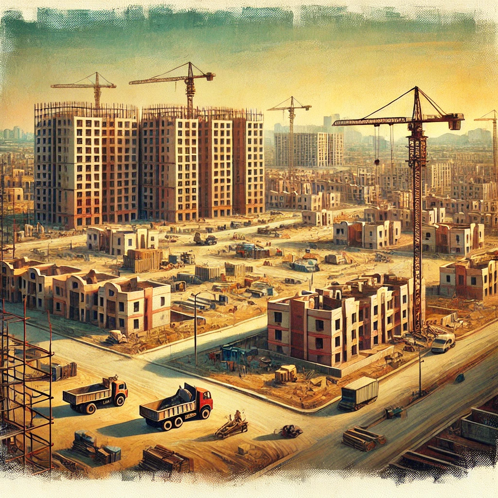 DALL·E 2025-02-13 10.23.04 - A painted-style image depicting a large-scale housing construction site in Mexico. The scene includes multiple buildings in various stages of construc