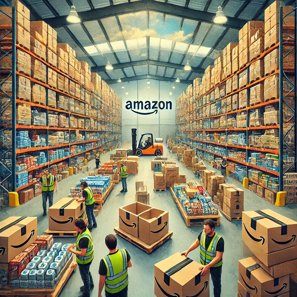 DALL·E 2025-02-13 10.22.18 - A painted-style image depicting a large Amazon disaster relief hub in Tepotzotlán, Mexico. The warehouse is filled with shelves stacked with emergency